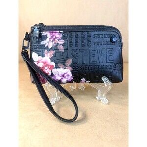 Steve Madden Btrell Wristlet - Black Floral Embossed Logo Double Zip Wallet